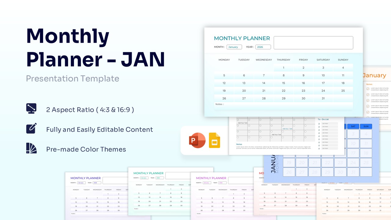 Monthly Planner January 2026 featured image showing various calendar layouts and color themes