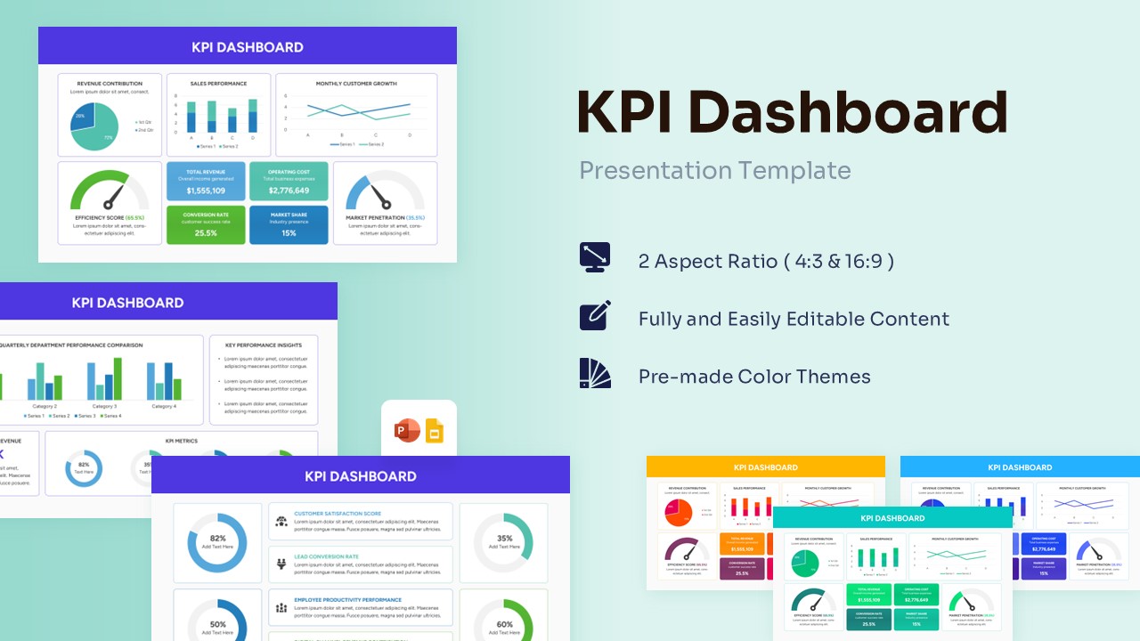 KPI Dashboard Template featuring bar charts, line graphs, and donut charts with a clean purple header