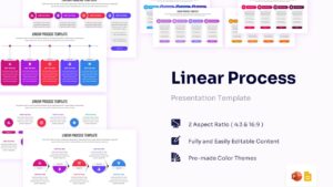 Linear process diagram with 4, 5, and 6-step horizontal layouts featuring colorful circular icons and text placeholders
