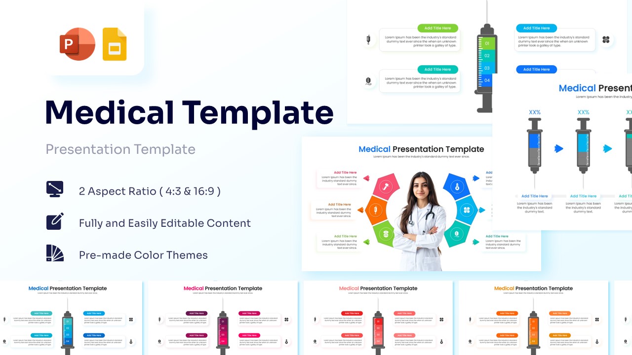 Medical infographic template featured image showing syringe graphics and a doctor circular diagram.