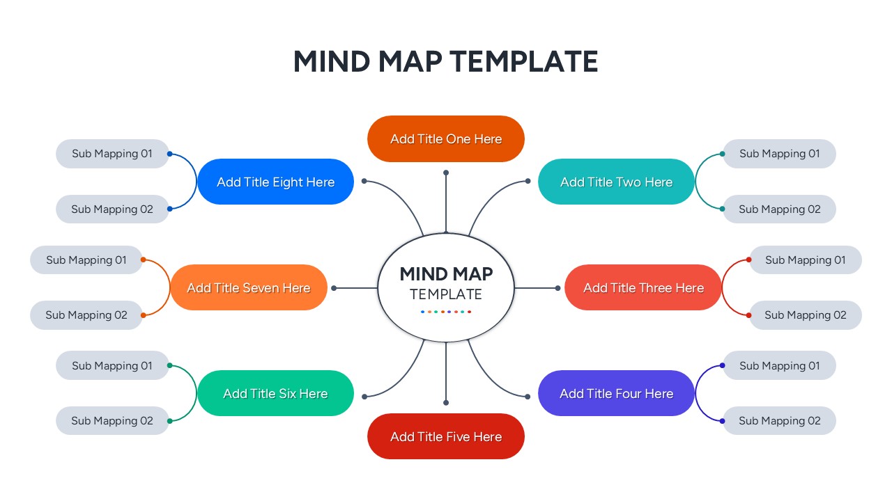 A circular brainstorming layout with eight colorful round nodes and outward-pointing arrows on a clean white background