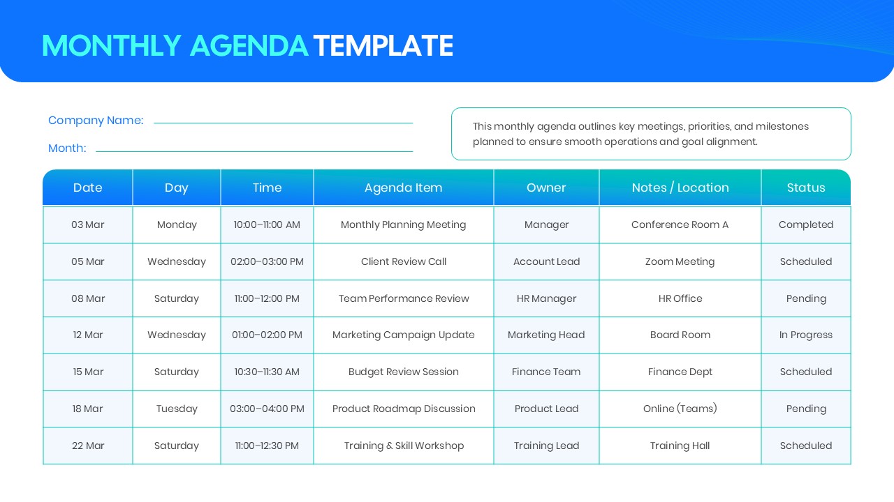 Professional monthly schedule slide with organized columns for efficient team planning and meeting management