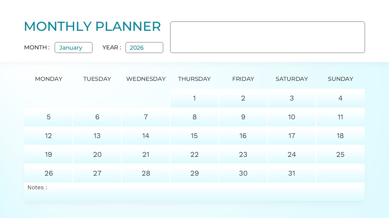 Blue January 2026 monthly planner slide with a clean grid layout and side-aligned month title