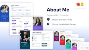 Professional blue About Me slide Template featuring a circular photo placeholder, contact details, and career experience timeline