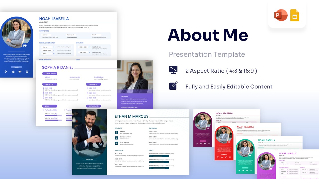 Professional blue About Me slide Template featuring a circular photo placeholder, contact details, and career experience timeline