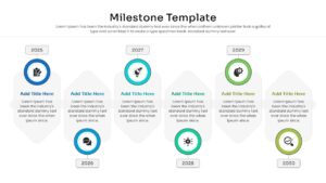Horizontal project milestone template with circular icons connecting yearly goals