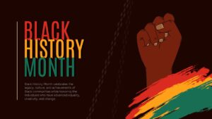 Presentation slide with a dark background featuring a raised fist and "Black History Month" bold typography