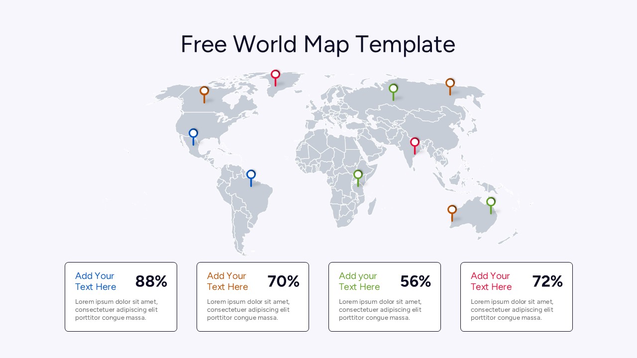 A clean grey world map presentation slide with six bright navigation buttons at the bottom for filtering regional data and company locations