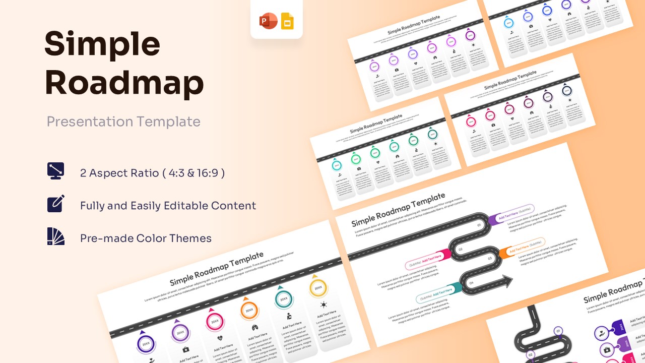 Featured image showing a free simple roadmap template with various timeline layouts and road graphics