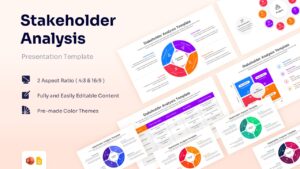 Stakeholder analysis presentation featuring a circular four-quadrant diagram for needs, decision-makers, supporters, and low-priority groups