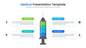 Central syringe infographic with four text boxes and medical icons for clinical data points.