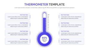 A large purple thermometer infographic with 80 percent goal achievement and side-by-side text placeholders