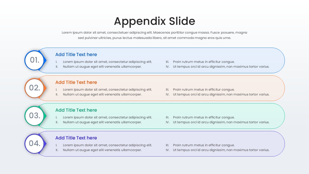 Vertical fout-step list template with multi-color circular icons for sequential appendix notes.