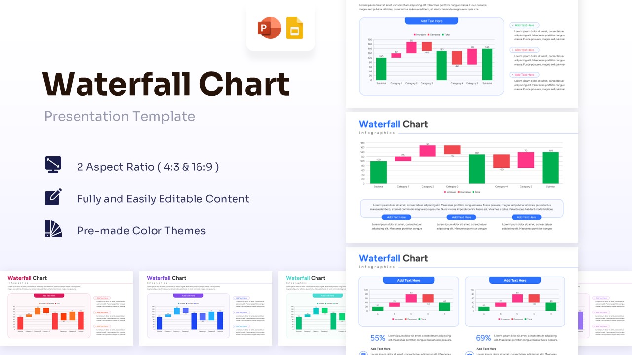 Professional Waterfall Chart Template for PowerPoint showing multiple slide layouts for financial bridge analysis