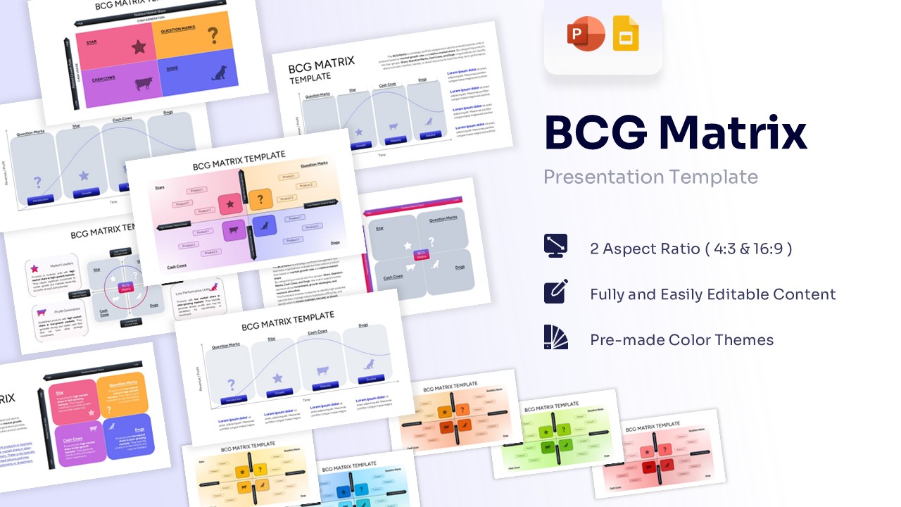 A collage of BCG Matrix slides showing various layouts, quadrants, and color themes for PowerPoint.