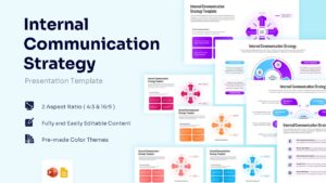 Featured image of an Internal Communication Strategy presentation template with a hub-and-spoke diagram and various layout options