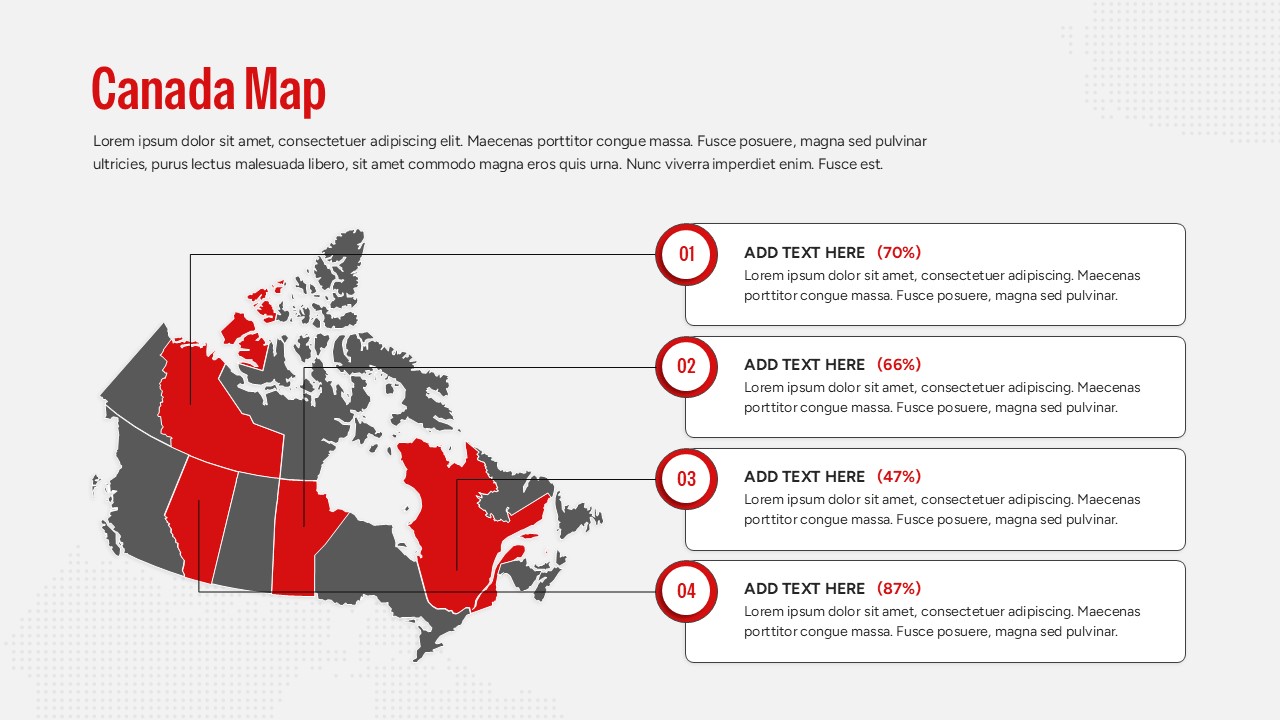 Professional Canada map infographic with a red-highlighted eastern region and vertical timeline list for statistical reporting.