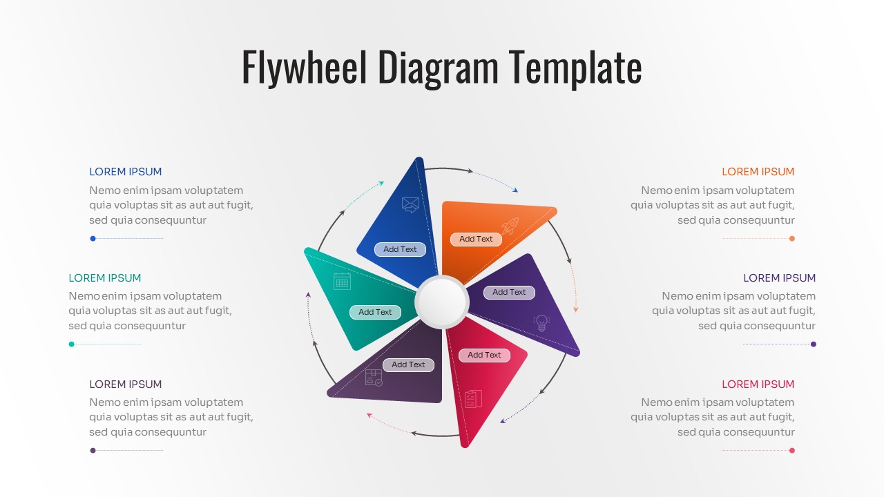 A six-stage pinwheel flywheel diagram featuring sharp triangular segments in varying colors with central 