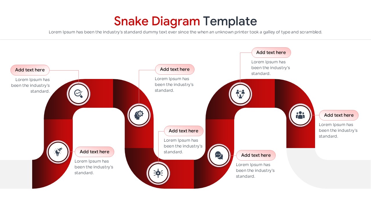 A winding 8-step process flow slide with red gradient segments and business icons.