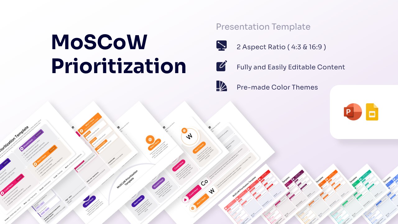 A collage of various MoSCoW Prioritization slide layouts for project management and planning.