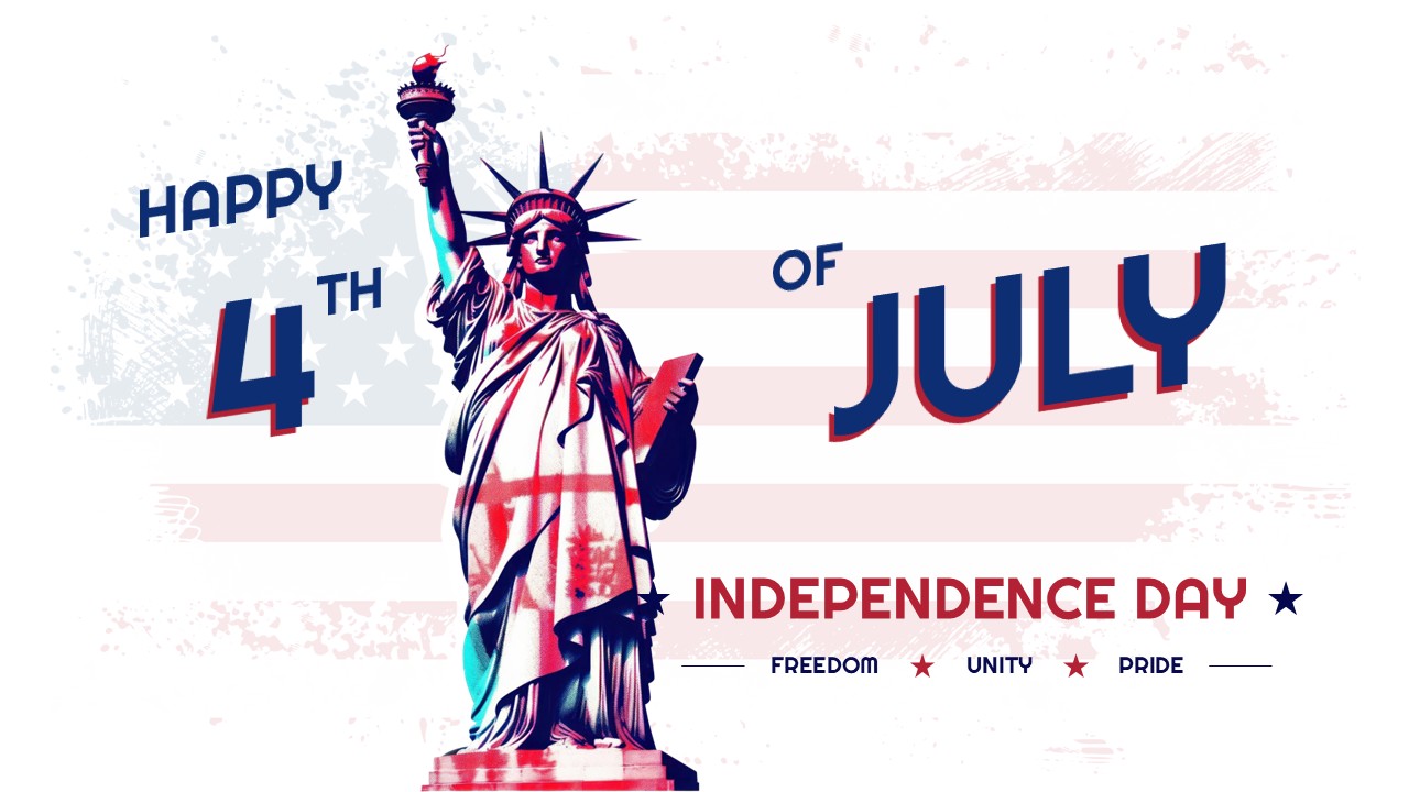 Artistic watercolor style Statue of Liberty slide with Happy 4th of July Independence Day text.