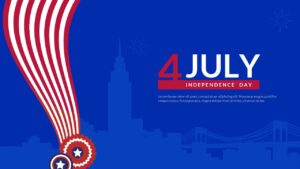 Royal blue poster slide showing a city skyline silhouette and a cascading red and white flag ribbon.