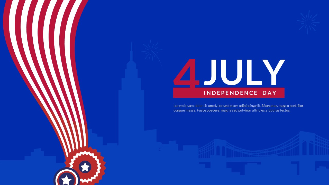 Royal blue poster slide showing a city skyline silhouette and a cascading red and white flag ribbon.
