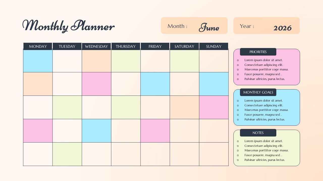 Multicolored pastel editable schedule presentation slide with sidebar note boxes.