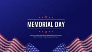 Dark blue presentation background with red and white American flags draped at the bottom and a central text area.