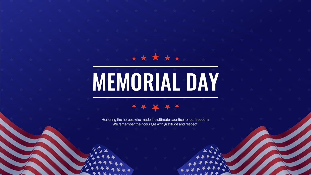 Dark blue presentation background with red and white American flags draped at the bottom and a central text area.