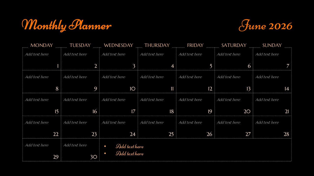 Sleek dark mode June planner layout with orange typography and a dotted grid structure.