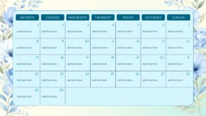 Light blue June monthly calendar template decorated with soft watercolor floral corners.