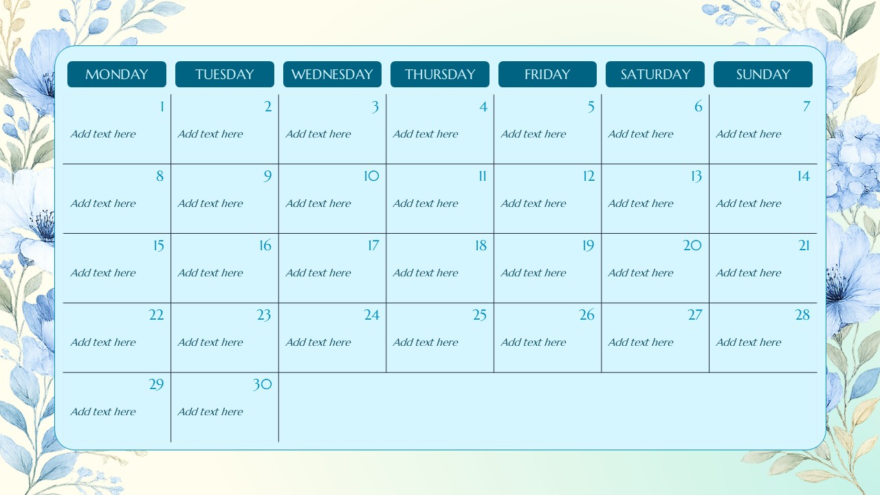 Light blue June monthly calendar template decorated with soft watercolor floral corners.