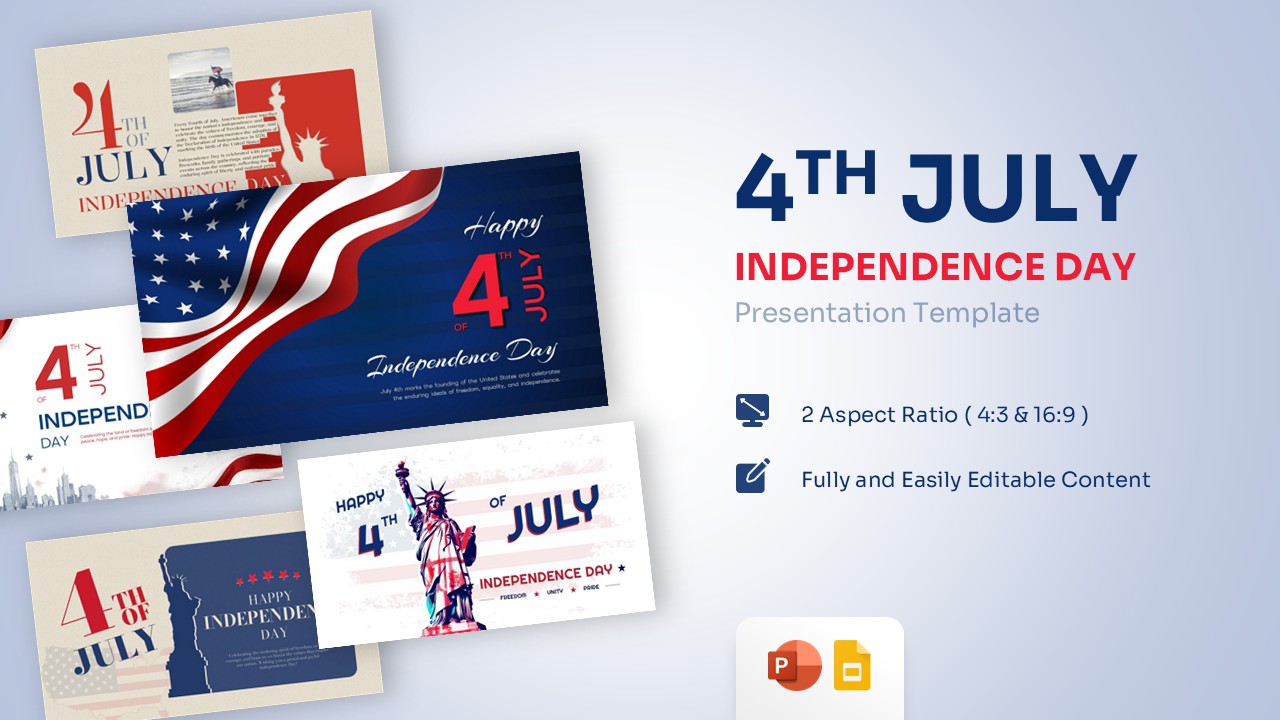 4th of July Independence Day presentation template showcase featuring alternative patriotic layouts.