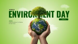 Two realistic human hands carefully holding a 3D Earth with a large green tree growing on top.