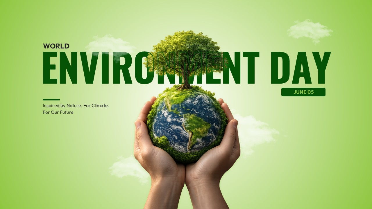 Two realistic human hands carefully holding a 3D Earth with a large green tree growing on top.