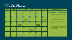 Forest green monthly calendar template for June 2025 featuring a large notes container.
