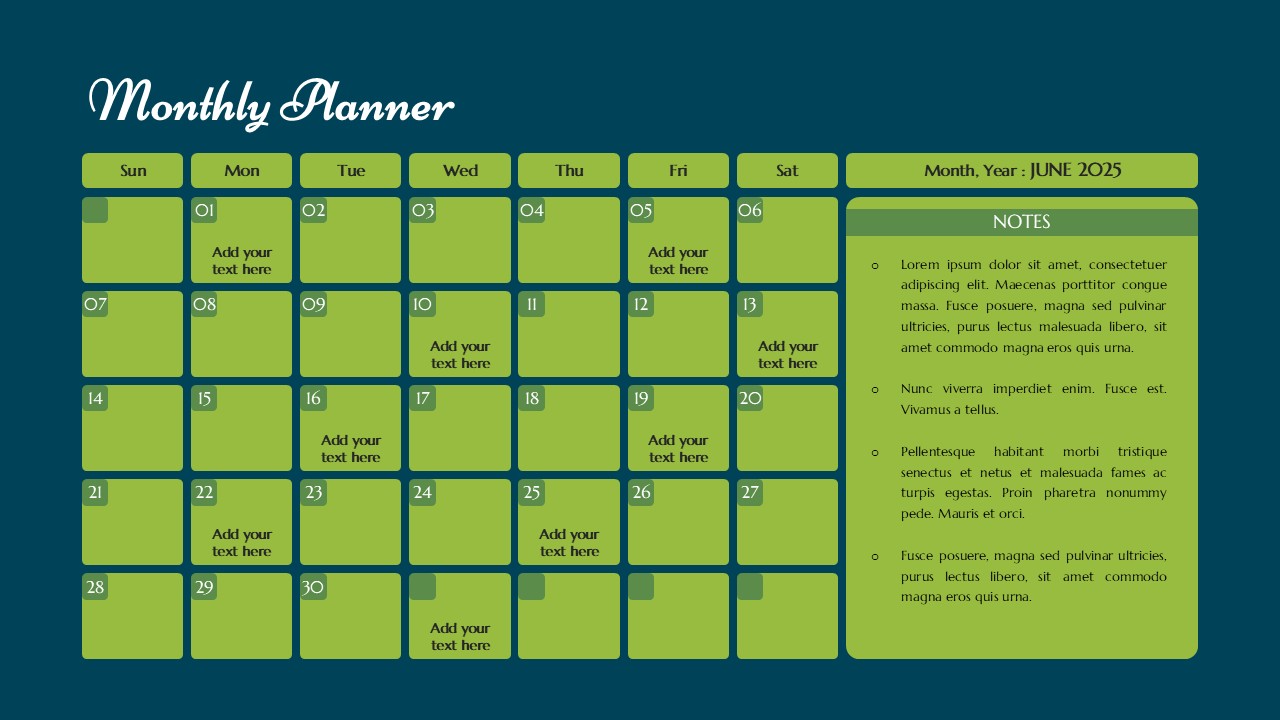 Forest green monthly calendar template for June 2025 featuring a large notes container.