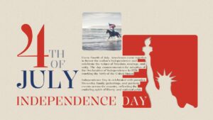 Cream backdrop slide with a photograph of a horse rider holding an American flag and a red liberty icon.