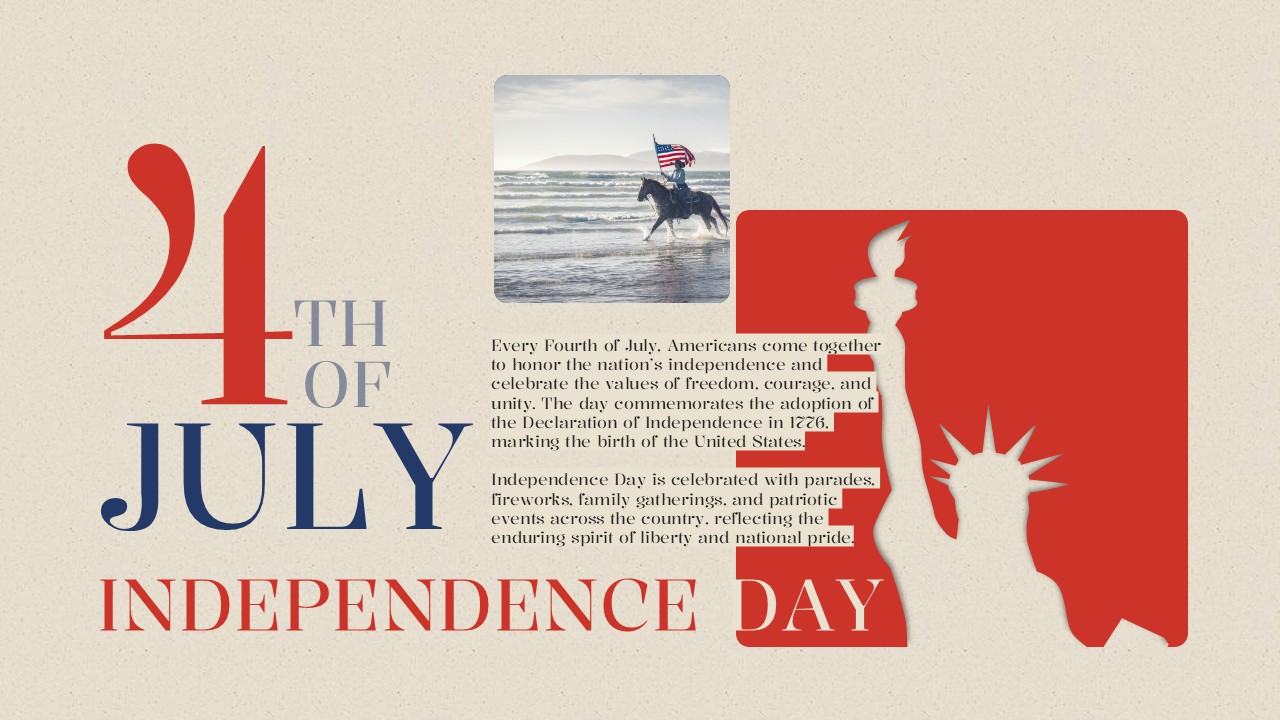 Cream backdrop slide with a photograph of a horse rider holding an American flag and a red liberty icon.