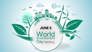 Green circular graphic with Earth, modern buildings, and wind turbines designed for June 5.