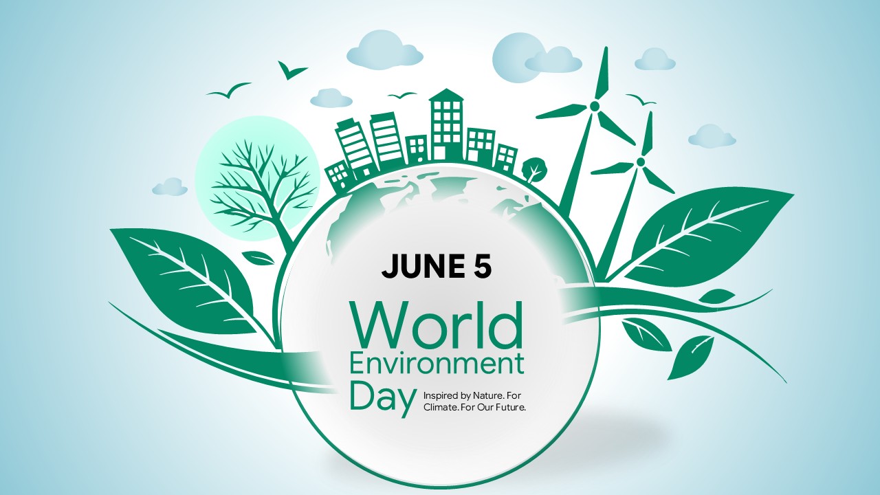Green circular graphic with Earth, modern buildings, and wind turbines designed for June 5.