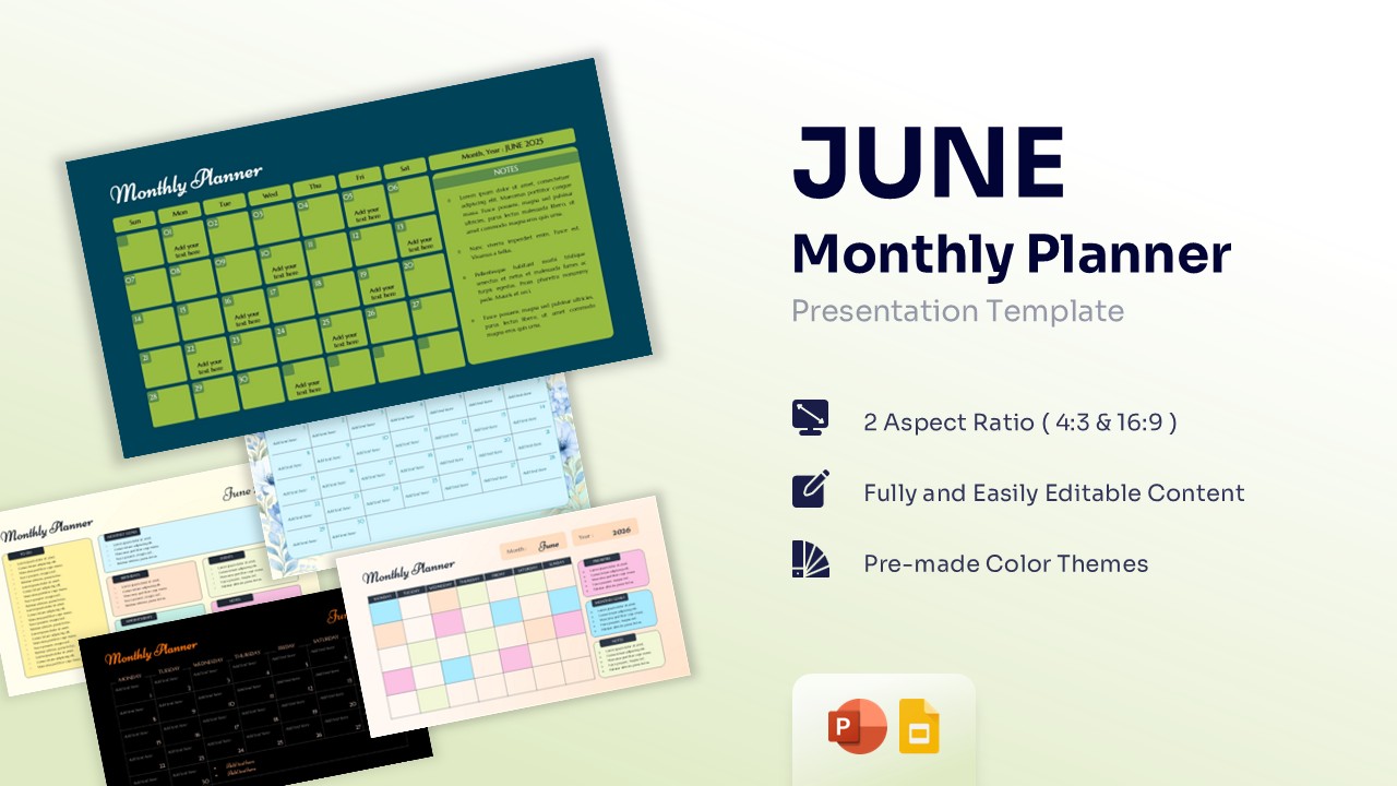 June Monthly Planner presentation template title slide with multiple color theme previews.