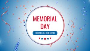 Light blue radial burst slide background with red and blue confetti and a central white circle for presentation text.