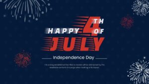 Dark blue presentation poster slide featuring red and white firework vector illustrations.