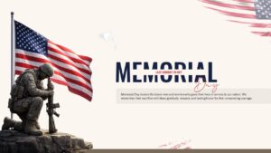 Off-white slide layout featuring a kneeling soldier statue holding a rifle beside a waving American flag graphic.