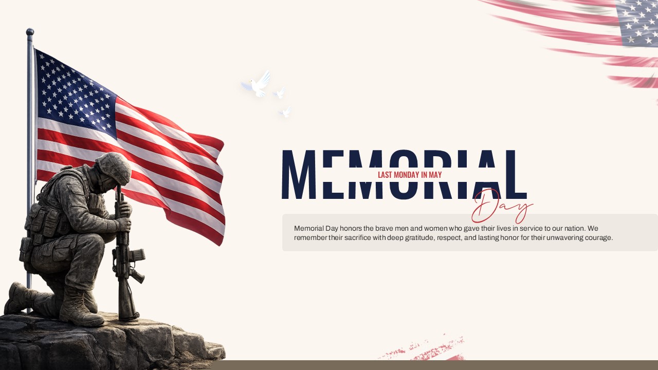 Off-white slide layout featuring a kneeling soldier statue holding a rifle beside a waving American flag graphic.