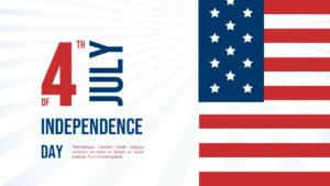 Asymmetrical slide layout featuring vertical flag elements on the right and radial sunburst lines.