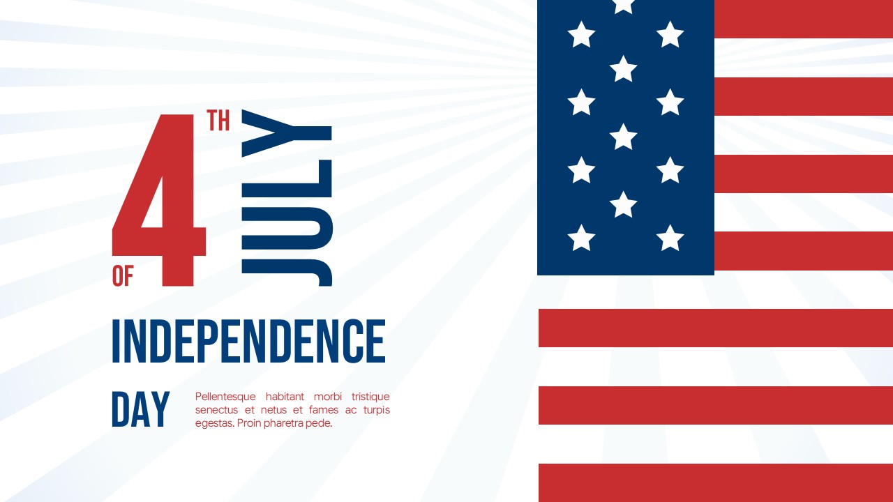 Asymmetrical slide layout featuring vertical flag elements on the right and radial sunburst lines.