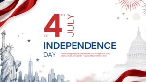 White background slide with 4th of July Independence Day text, Statue of Liberty sketch, and Capitol dome.